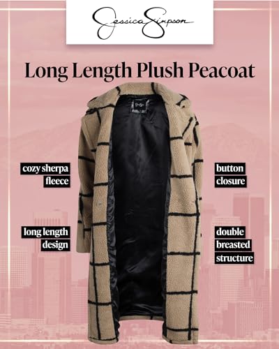 Jessica Simpson Women's Winter Coat - Full Length Double Breasted Sherpa Fleece Peacoat - Plush Teddy Coat for Women (S-XL), Size Large, Camel