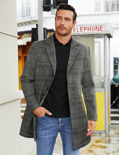 COOFANDY Mens Black Plaid Overcoat Peacoat Mens Wool Coats Winter Casual Trench Coat Slim Fit Men's Fall Coat Black Plaid L