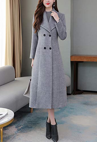 chouyatou Women's Chic Shawl Collar Work Double Breasted Maxi Long Wool Pea Coat (X-Large, Grey)