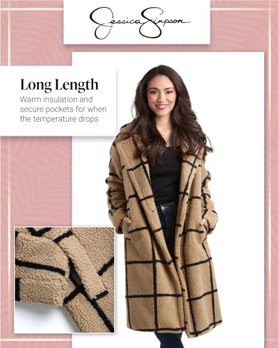 Jessica Simpson Women's Winter Coat - Full Length Double Breasted Sherpa Fleece Peacoat - Plush Teddy Coat for Women (S-XL), Size Large, Camel