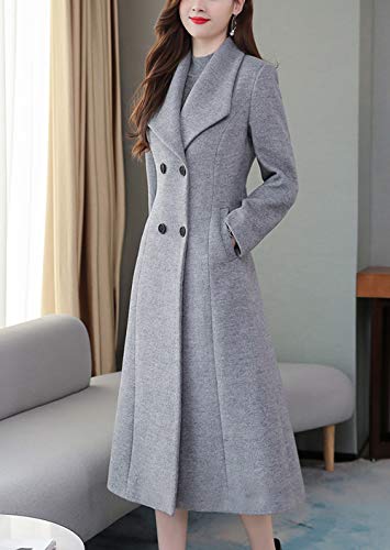 chouyatou Women's Chic Shawl Collar Work Double Breasted Maxi Long Wool Pea Coat (X-Large, Grey)