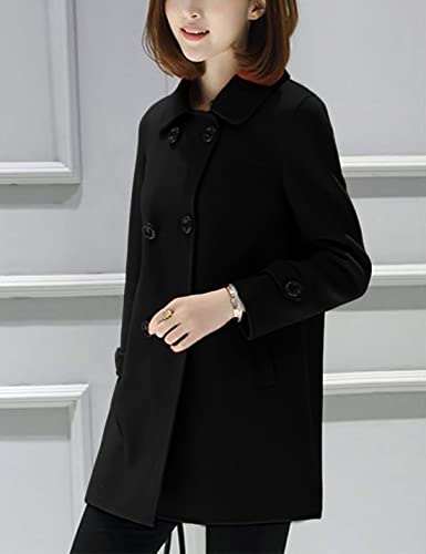 Tanming Women's Winter Double Breasted Coat Black Wool Peacoat Long Sleeve Trench Coat (Black-L)