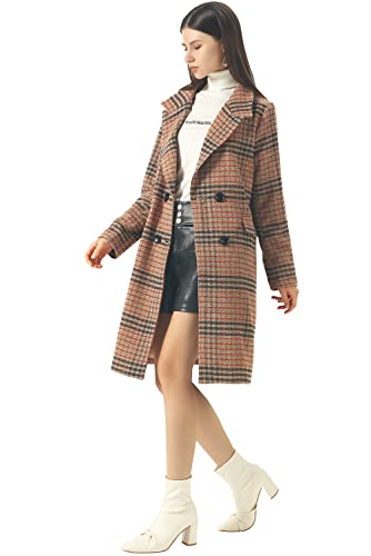 CHARTOU Women's Winter Oversize Lapel Collar Woolen Plaid Double Breasted Long Peacoat Jacket (Large, Camel)