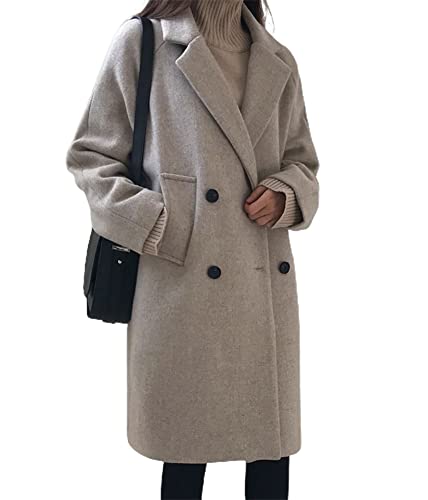chouyatou Women's Casual Notch Lapel Double Breasted Warm Pea Coat Overcoat (Medium, Grey beige)