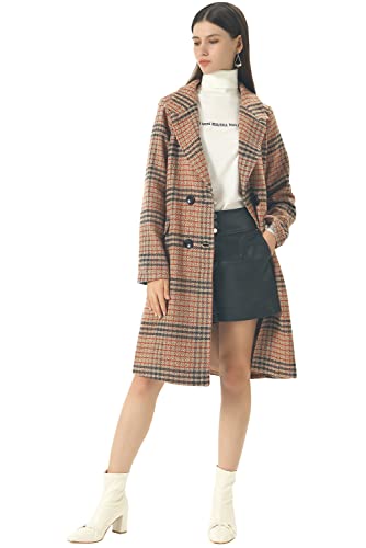 CHARTOU Women's Winter Oversize Lapel Collar Woolen Plaid Double Breasted Long Peacoat Jacket (Large, Camel)