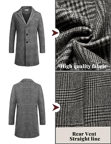 COOFANDY Mens Black Plaid Overcoat Peacoat Mens Wool Coats Winter Casual Trench Coat Slim Fit Men's Fall Coat Black Plaid L