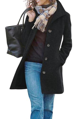 chouyatou Women's Winter Wool Blend Pea Coat Single Breasted Stand Collar Casual Trench Coat Overcoat (Large, Black)
