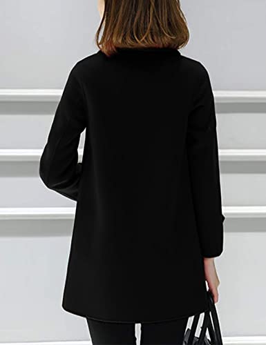 Tanming Women's Winter Double Breasted Coat Black Wool Peacoat Long Sleeve Trench Coat (Black-L)
