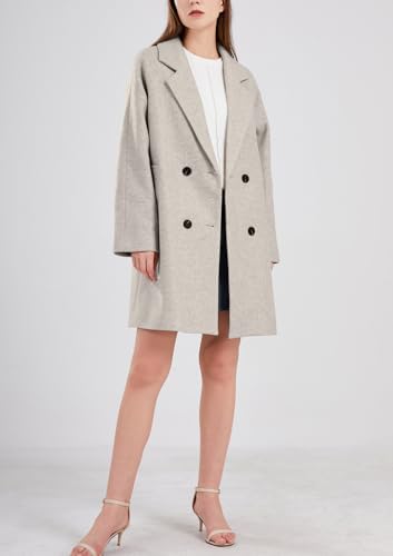 chouyatou Women's Casual Notch Lapel Double Breasted Warm Pea Coat Overcoat (Medium, Grey beige)