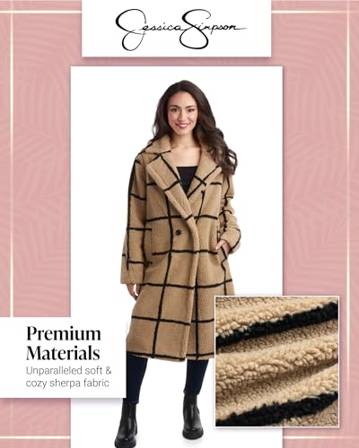 Jessica Simpson Women's Winter Coat - Full Length Double Breasted Sherpa Fleece Peacoat - Plush Teddy Coat for Women (S-XL), Size Large, Camel