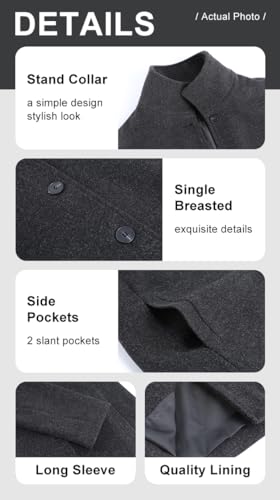 chouyatou Women's Winter Wool Blend Pea Coat Single Breasted Stand Collar Casual Trench Coat Overcoat (Large, Black)
