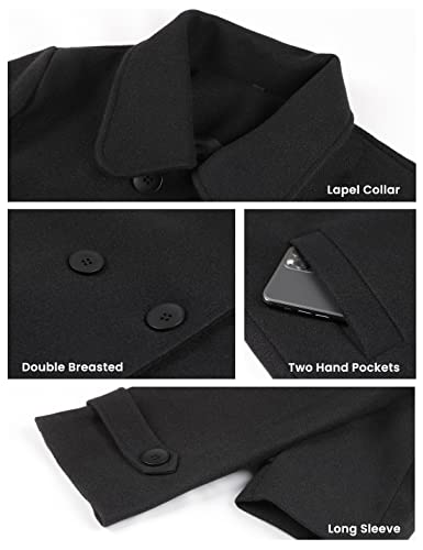 Tanming Women's Winter Double Breasted Coat Black Wool Peacoat Long Sleeve Trench Coat (Black-L)