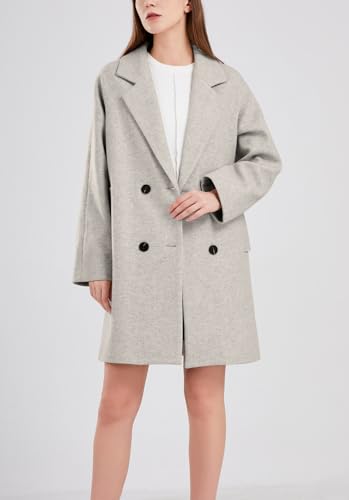 chouyatou Women's Casual Notch Lapel Double Breasted Warm Pea Coat Overcoat (Medium, Grey beige)