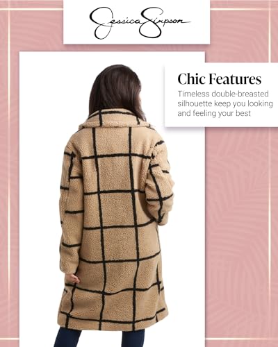 Jessica Simpson Women's Winter Coat - Full Length Double Breasted Sherpa Fleece Peacoat - Plush Teddy Coat for Women (S-XL), Size Large, Camel