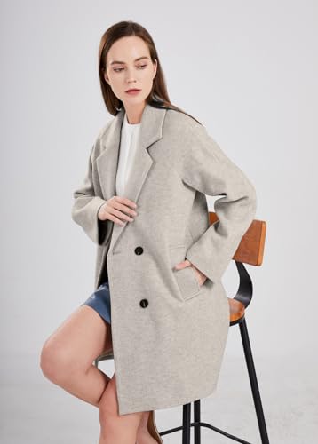chouyatou Women's Casual Notch Lapel Double Breasted Warm Pea Coat Overcoat (Medium, Grey beige)