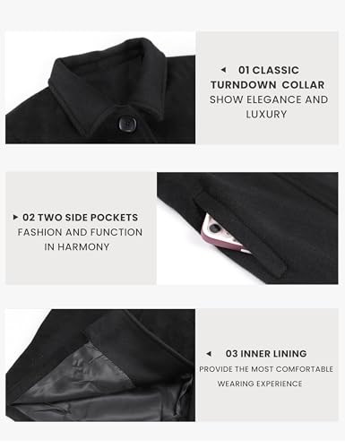 UANEO Womens Pea Coat Faux Wool Single Breasted Long Trench Coat Peacoat Dress Coat Winter (Black-XXL)