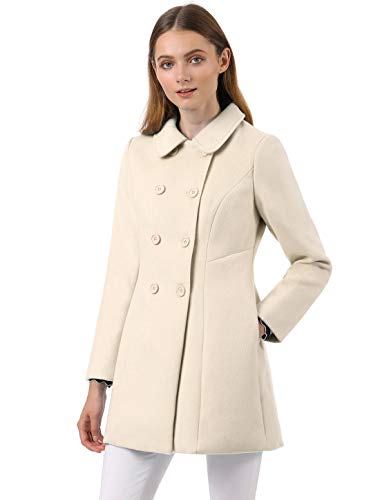 Allegra K Women's Peter Pan Collar Double Breasted Winter Long Trench Pea Coat Small Beige
