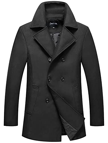 chouyatou Men's Classic Notched Collar Double Breasted Wool Blend Pea Coat (Large, Black)