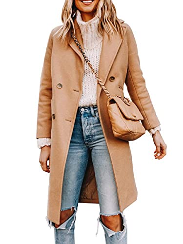 Yousify Womens Notched Lapel Collar Double Breasted Pea Coat Winter Wool Blend Over Coats Long Jackets Camel M