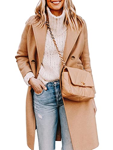 Yousify Womens Notched Lapel Collar Double Breasted Pea Coat Winter Wool Blend Over Coats Long Jackets Camel M