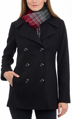 LONDON FOG womens Double Breasted Peacoat With Scarf Pea Coat, Black, Small US