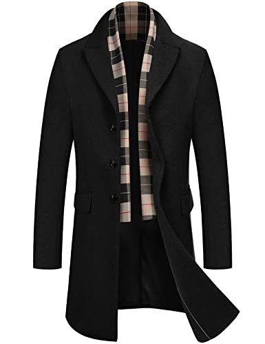 COOFANDY Men's Single Breasted Mid-length Peacoat Business Dress Coats with Free Detachable Soft Touch Wool Scarf (Black XXL)