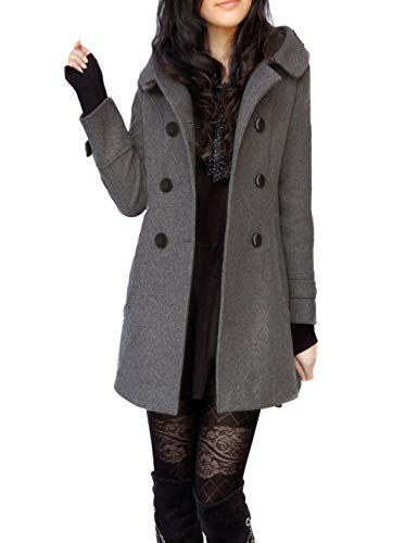 Tanming Women's Warm Double Breasted Wool Pea Coat Trench Coat Jacket with Hood (Grey-M)