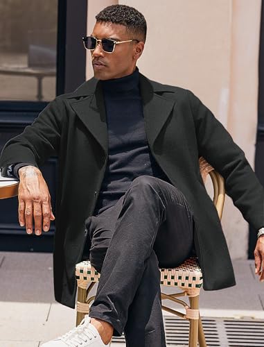 COOFANDY Black Trench Coat Men Notched Collar Single Breasted Peacoat Business Overcoats