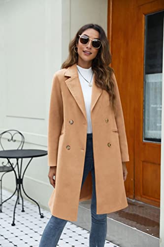 Yousify Womens Notched Lapel Collar Double Breasted Pea Coat Winter Wool Blend Over Coats Long Jackets Camel M