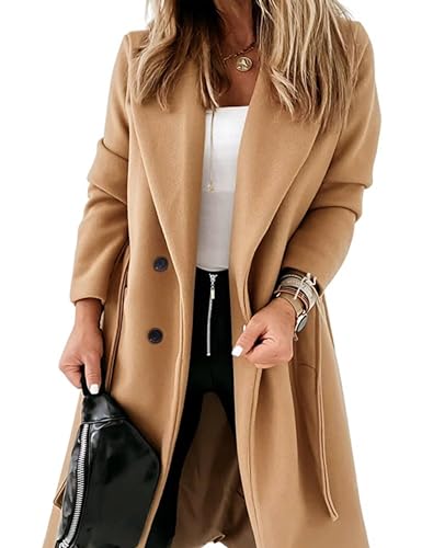 Hooever Women's Double Breasted Wool Blend Coat Winter Notched Lapel Belted Peacoat Mid Long Jacket(Khaki-L)