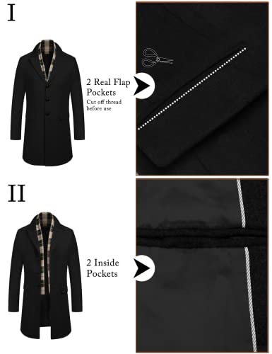 COOFANDY Men's Single Breasted Mid-length Peacoat Business Dress Coats with Free Detachable Soft Touch Wool Scarf (Black XXL)