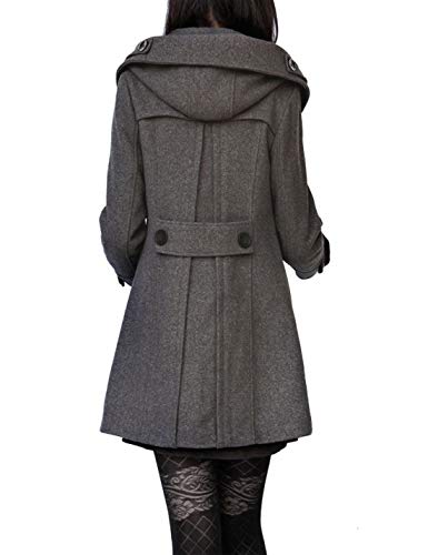 Tanming Women's Warm Double Breasted Wool Pea Coat Trench Coat Jacket with Hood (Grey-M)