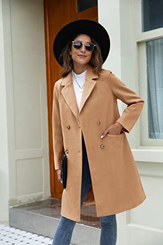Yousify Womens Notched Lapel Collar Double Breasted Pea Coat Winter Wool Blend Over Coats Long Jackets Camel M