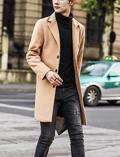 Springrain Men's Wool Blend Pea Coat Notched Collar Single Breasted Overcoat Warm Winter Trench Coat(Khaki-L)