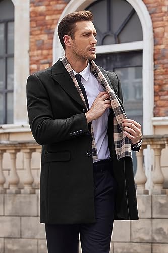 COOFANDY Men's Single Breasted Mid-length Peacoat Business Dress Coats with Free Detachable Soft Touch Wool Scarf (Black XXL)