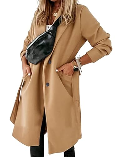 Hooever Women's Double Breasted Wool Blend Coat Winter Notched Lapel Belted Peacoat Mid Long Jacket(Khaki-L)