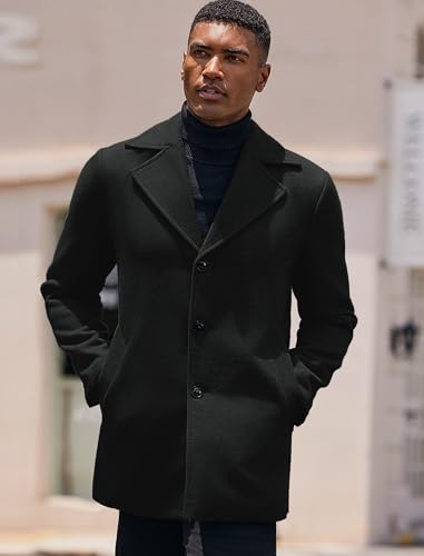 COOFANDY Black Trench Coat Men Notched Collar Single Breasted Peacoat Business Overcoats