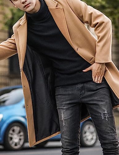 Springrain Men's Wool Blend Pea Coat Notched Collar Single Breasted Overcoat Warm Winter Trench Coat(Khaki-L)