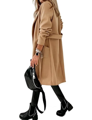 Hooever Women's Double Breasted Wool Blend Coat Winter Notched Lapel Belted Peacoat Mid Long Jacket(Khaki-L)
