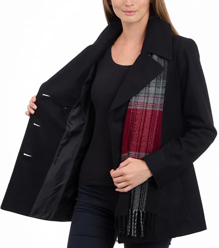 LONDON FOG womens Double Breasted Peacoat With Scarf Pea Coat, Black, Small US