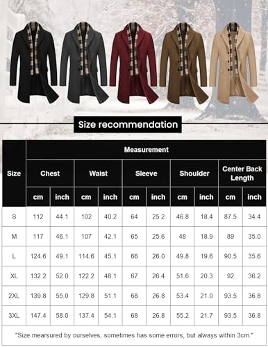 COOFANDY Men's Single Breasted Mid-length Peacoat Business Dress Coats with Free Detachable Soft Touch Wool Scarf (Black XXL)