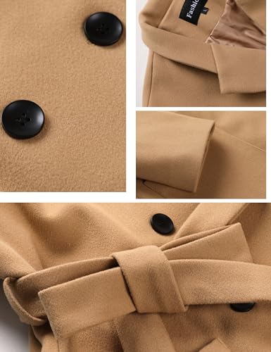 Hooever Women's Double Breasted Wool Blend Coat Winter Notched Lapel Belted Peacoat Mid Long Jacket(Khaki-L)