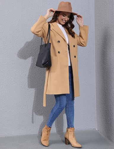 Hooever Women's Double Breasted Wool Blend Coat Winter Notched Lapel Belted Peacoat Mid Long Jacket(Khaki-L)
