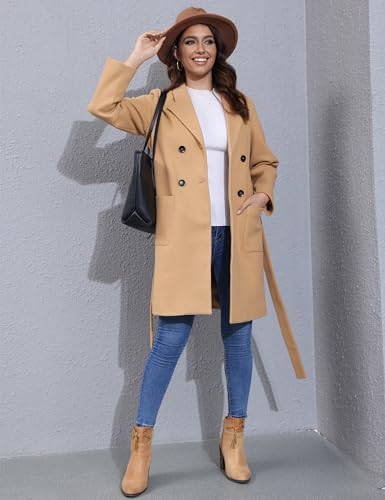 Hooever Women's Double Breasted Wool Blend Coat Winter Notched Lapel Belted Peacoat Mid Long Jacket(Khaki-L)