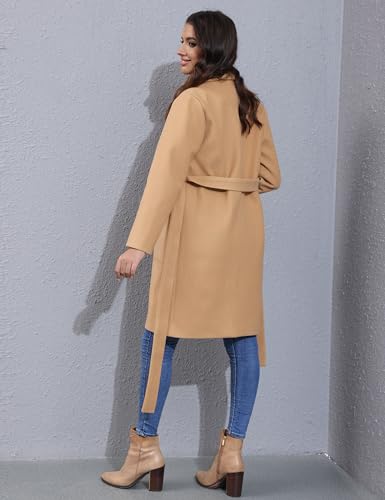 Hooever Women's Double Breasted Wool Blend Coat Winter Notched Lapel Belted Peacoat Mid Long Jacket(Khaki-L)