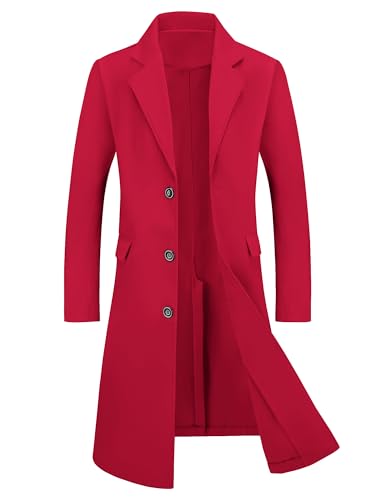 Lars Amadeus Men's Winter Overcoat Single Breasted Notched Lapel Long Trench Coat Medium Burgundy