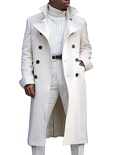 Springrain Men's Pea Coat Double Breasted Overcoat Lapel Coat Classic Long Trench Coat(White-L)
