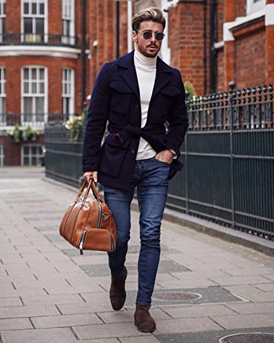 Pretifeel Mens Trench Coat Slim Fit Wool Blends Business Lapel Belted Overcoat Winter Casual Peacoat Jacket
