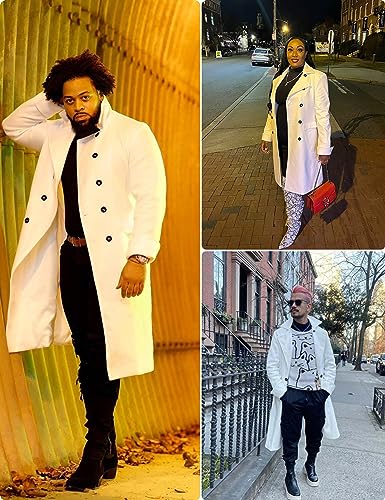 Springrain Men's Pea Coat Double Breasted Overcoat Lapel Coat Classic Long Trench Coat(White-L)
