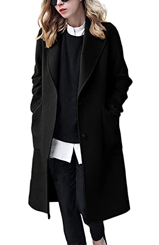 chouyatou Women's Winter Casual Single Breasted Long Wool Coat Formal Office Wool Overcoat (X-Large, Black)